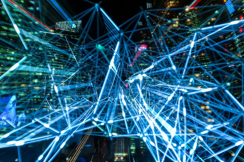 Abstract network of interconnected illuminated nodes