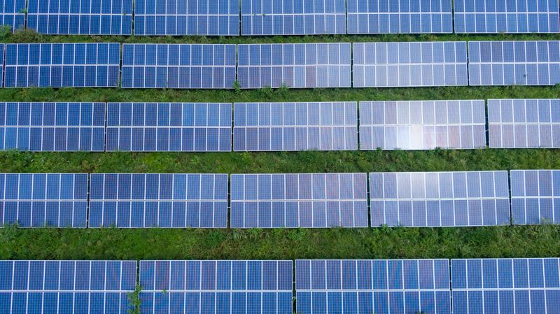 Aerial view of a large-scale solar photovoltaic field